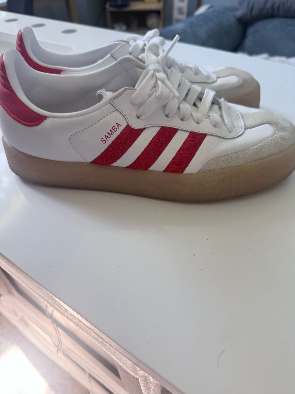 Adidas Sambae Red Scarlet and White Gum Platform Sneakers - White with Red - Picture 3 of 4